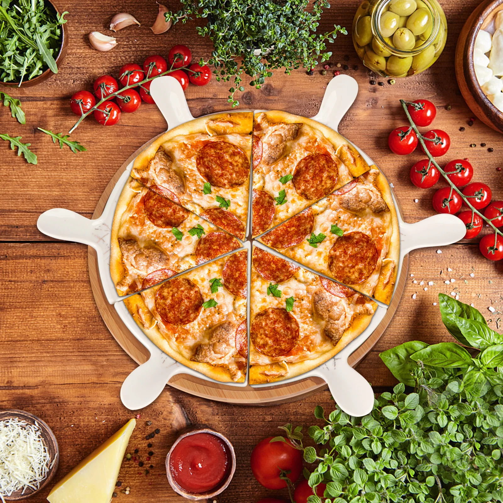 Plato de postre dividido de 10 pulgadas, bandeja triangular para Pizza, juego de platos de cerámica, bandeja para servir de madera de bambú para fiesta, boda y Navidad