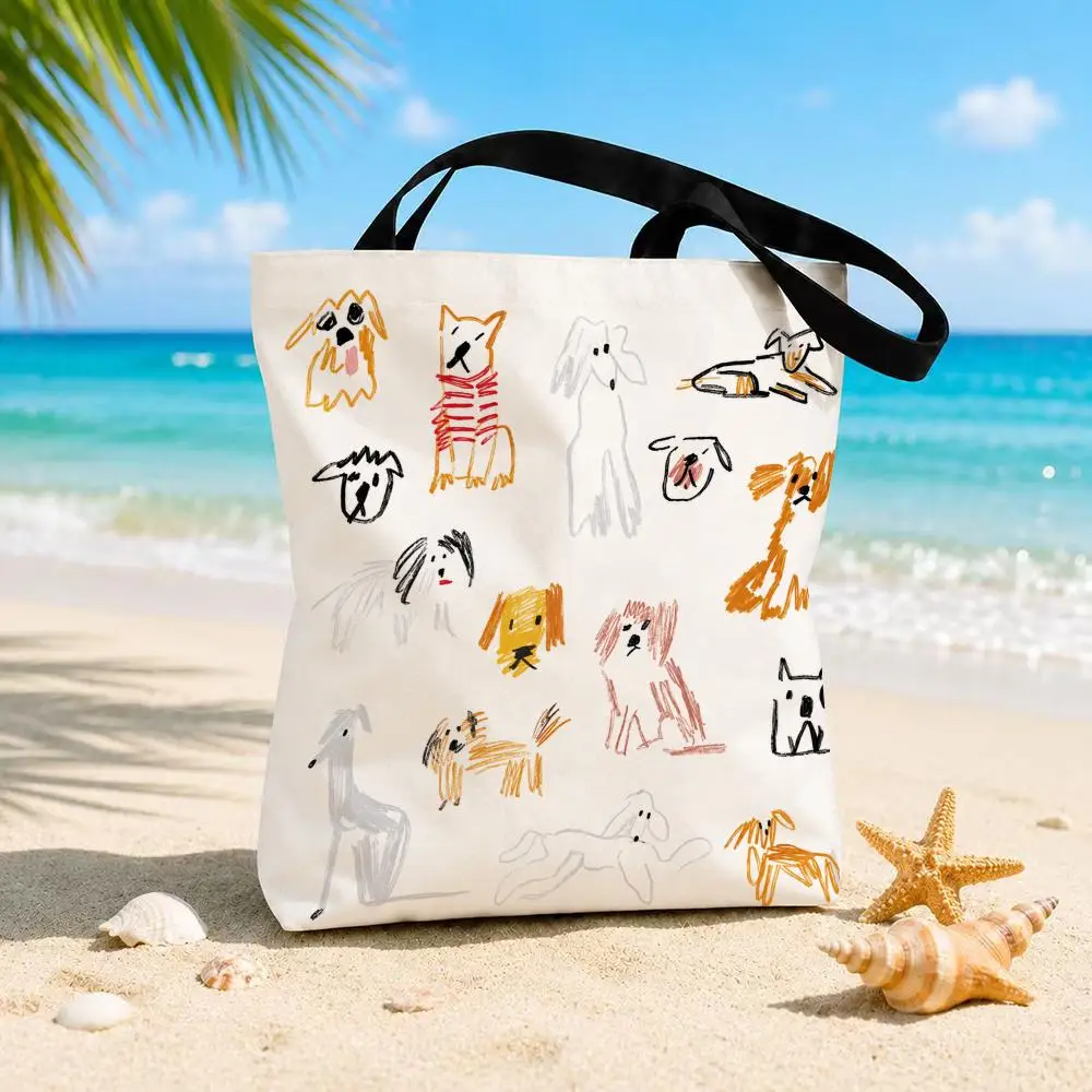 Interesting Dog Storage Bags Beach Canvas Shoulder Tote Bag Double-Sided Print Fashion Handbag for Travel Picnic