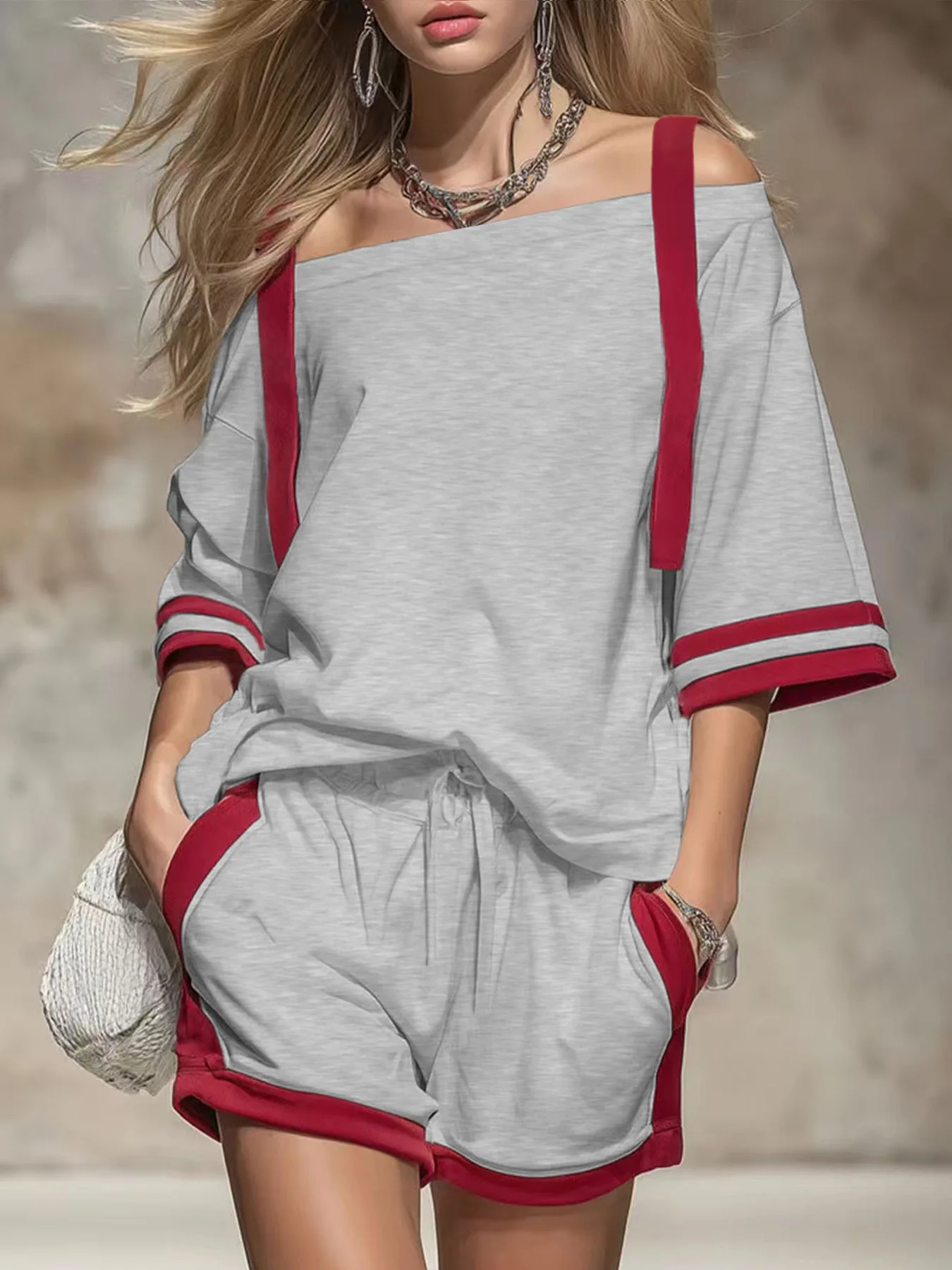 Summer Women Holiday Short Sleeve Open Shoulder Top And Shorts Set color blocking Outfits 2 Two Piece Matching Set For Women