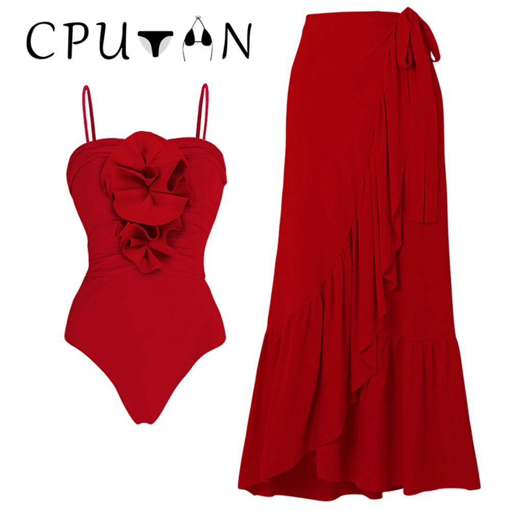 

CPUTAN 2024 Sexy Red 3D Flower Bikini Set One Piece Swimsuit Skirt Women Swimwear Luxury Brazilian Biquini BathingSuit Dress New