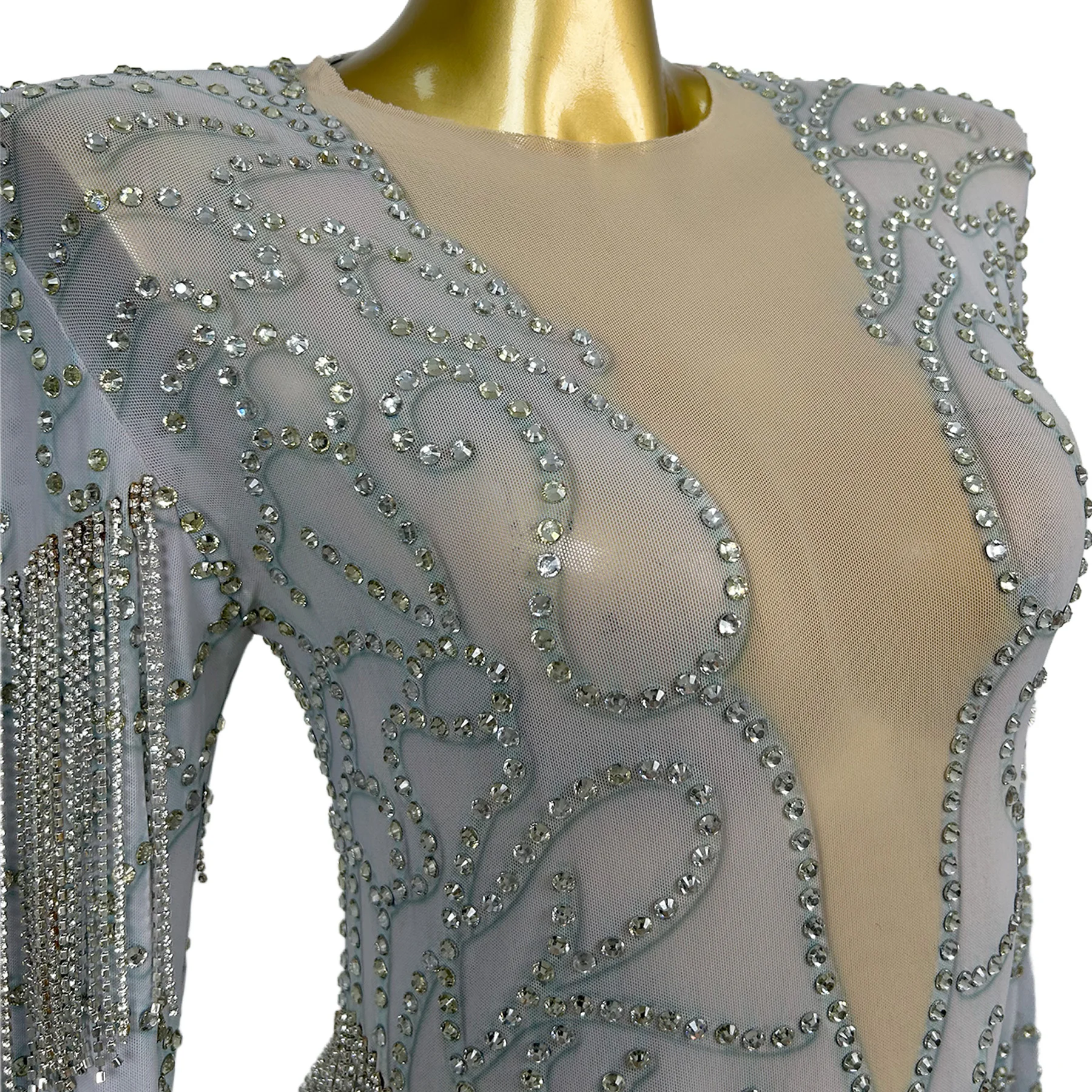 

Zuanwenlianyiqun Women Deep V Sheer Mesh Rhinestone Fringe Bodycon Mini Dress Long Sleeve Nightclub Party Evening Dress