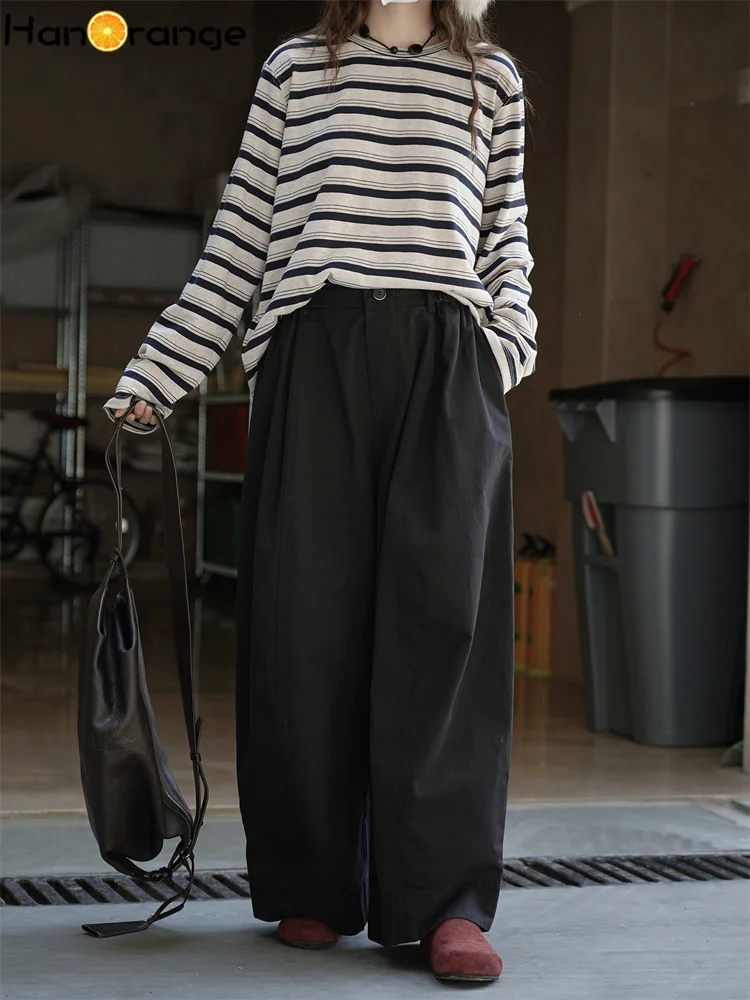 HanOrange 2025 الخريف عادية نصف مرونة الخصر بنطال ذو قصة أرجل واسعة النساء ثلاثية الأبعاد استقامة 100% سراويل قطنية أسود/مشمش/أخضر