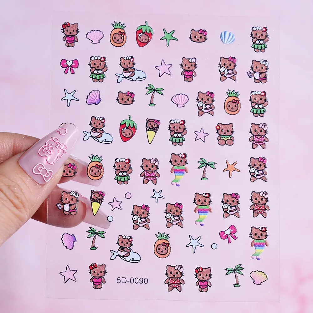 2 pçs 5d havaí pele preta hellokitty adesivos de unhas bonito dos desenhos animados bronzeado kitty gato slider decalque y2k bronzeamento kitty manicure adesivo