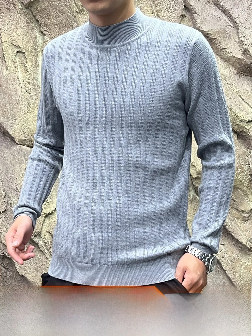Elegant Italian Style Men's Knitted Sweater Breathable Skin-friendly Stripe Texture Long Sleeve Half High Collar Polyester Blend