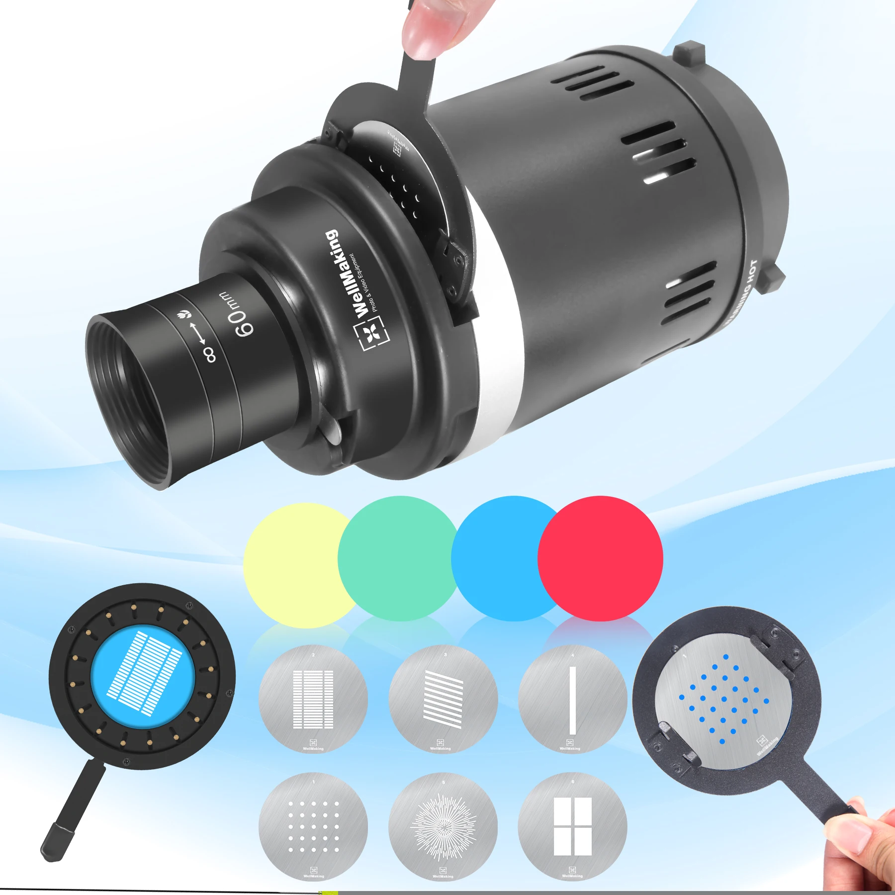 Conical Snoot Bowens Mount Studio Lighting Accessory with 4 Color Filters 6 Gobos for LED Light Strobe Photographic Equipment