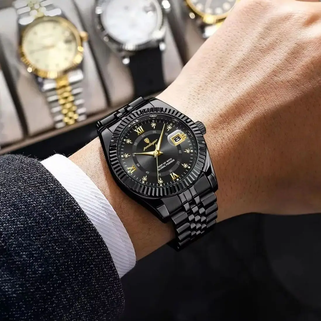 POEDAGAR Top Fashion Zegarek na rękę dla mężczyzn Wodoodporny świecący datownik Biznesowy zegarek męski Klasyczne męskie zegarki kwarcowe ze stali nierdzewnej
