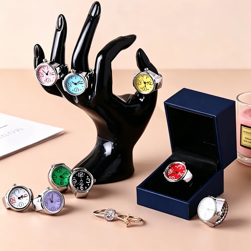 Quartz Finger Watche for Women Men Adjustable Clock Rings Bulk Creative Gifts Elastic Round Shock Water Resistant Finger Watches
