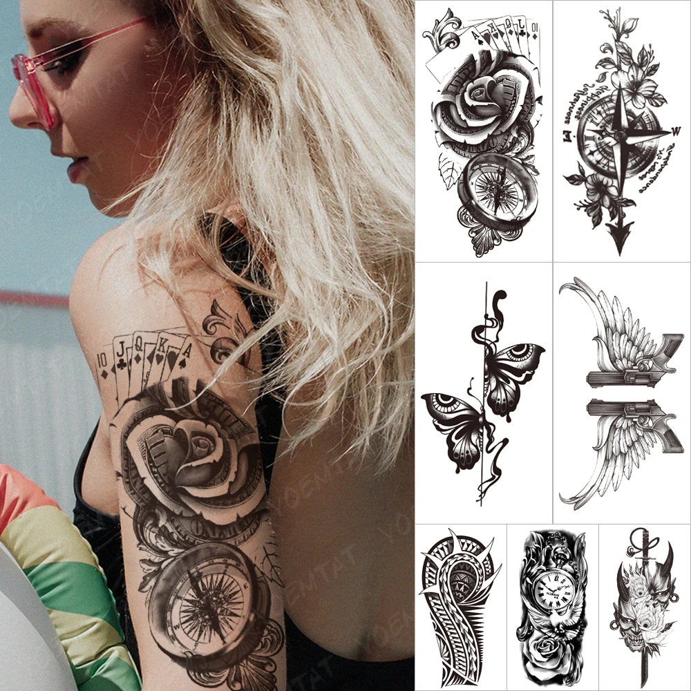 

Waterproof Temporary Tattoo Sticker Poker Rose Compass Clock Gun Wings Flower Tatoo Women Men Arm Body Art Fake Sleeve Tattoos