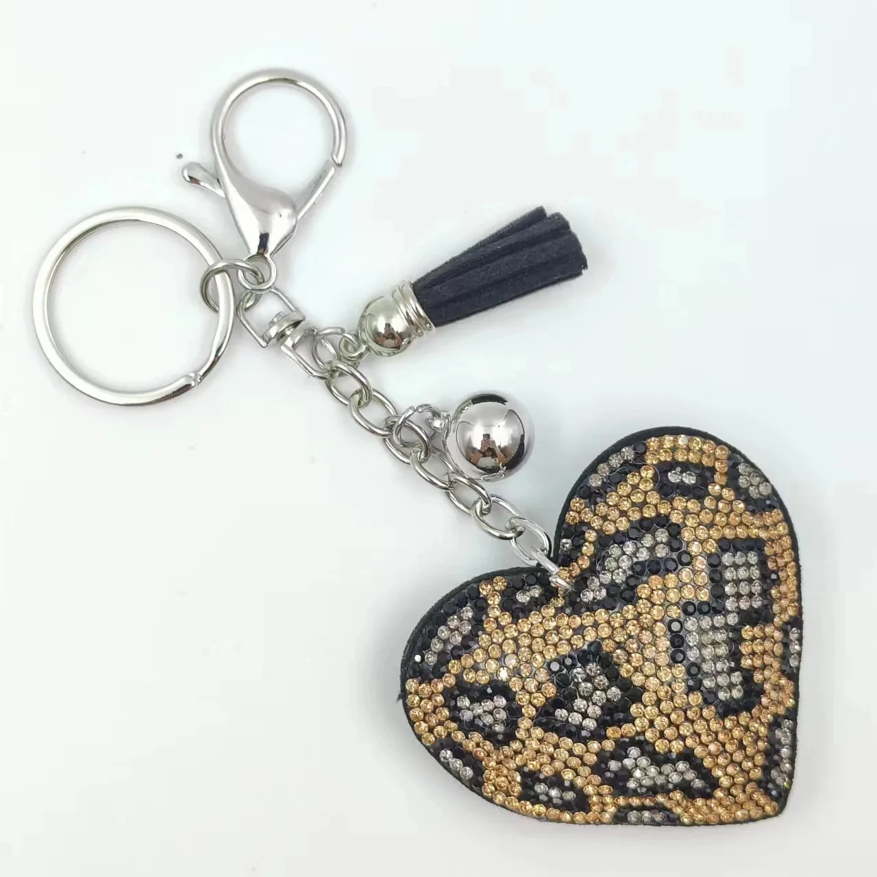 Peach Heart  Shape Leopard Spot Crystal Keychain Pendant WithTassell and Metal Keyring Wholesale Price Key Accessories