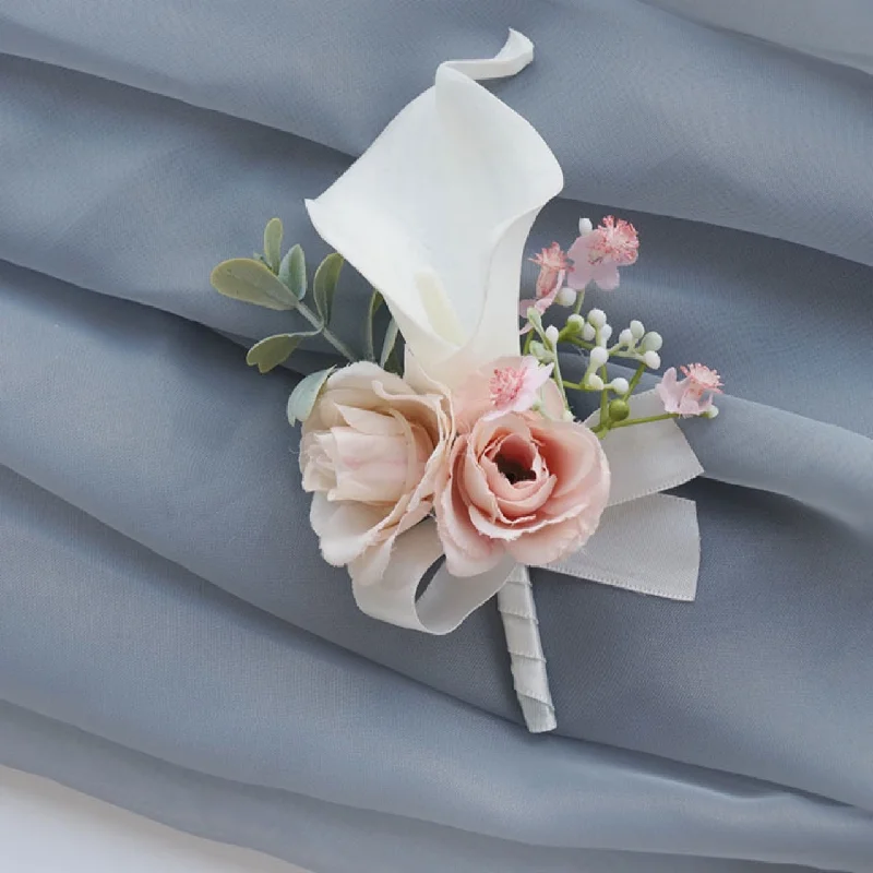 Corsage de poignet et boutonnière de mariage, fournitures de mariage, banquet, invité, fleur artificielle, mariée, blanc, rose, 2407