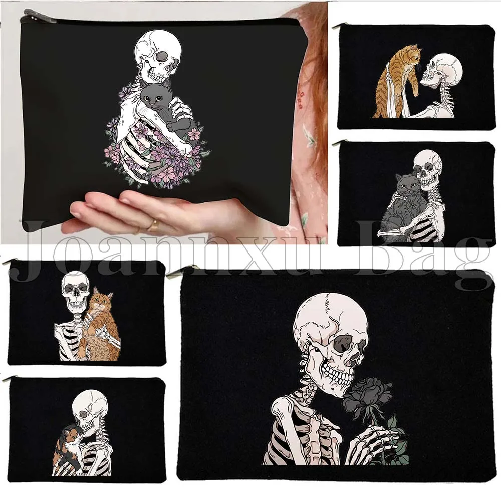 

Funny Cute Garden Skeleton with Cat Lover Flowers Skull Rose Animal Gift Canvas Cosmetic Bag Makeup Toilet Bag Pencil Case Pouch
