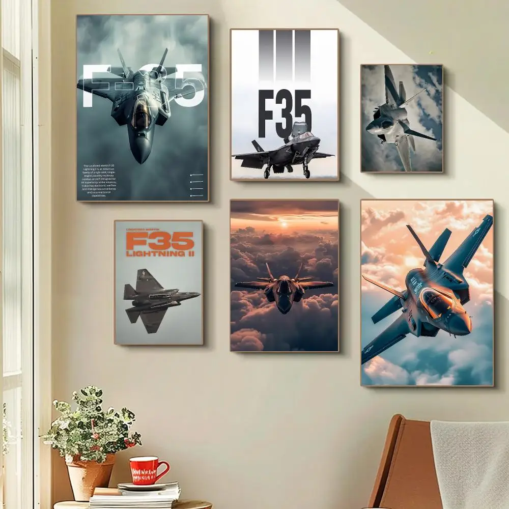 F‑35 Fighter Jet Theme Military Tech Poster Self-adhesive Advanced Aesthetic Printing Paper Wall Art for Living Room Home Decor