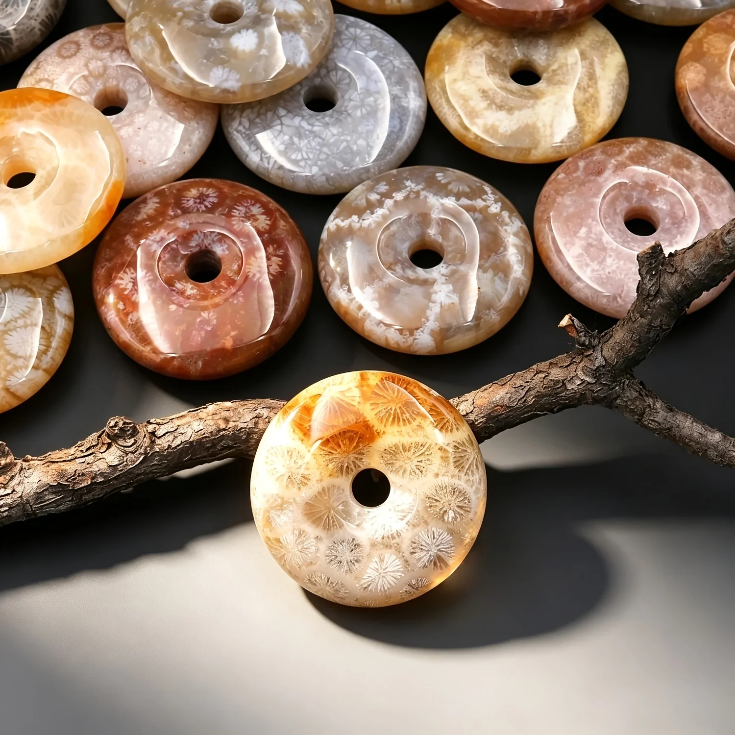 Natural Random Chrysanthemum Stone Donut Safety Buckle Perfect for DIY Pendants,  Gift for Halloween and Holidays.