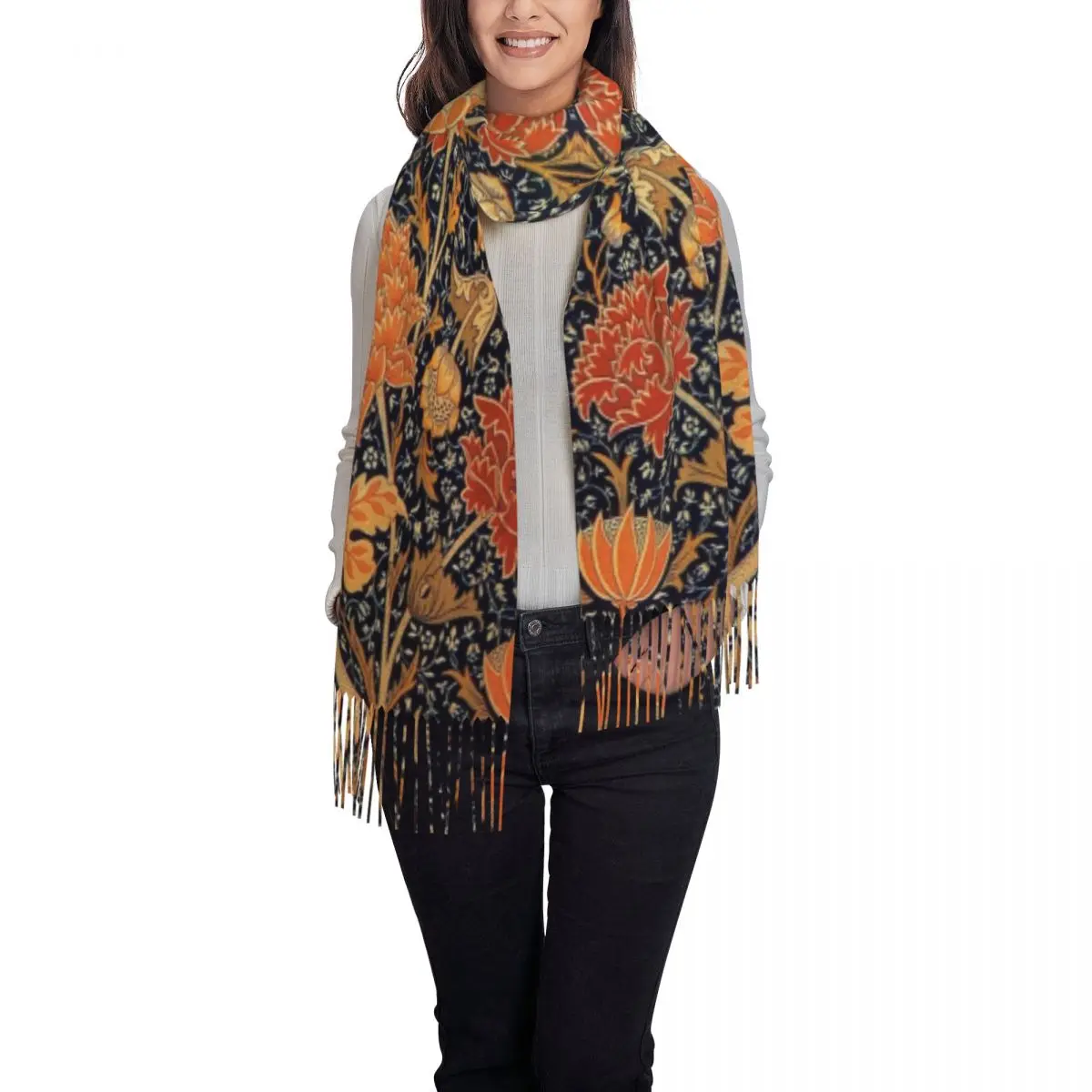 Custom William Morris Orange Cray Floral Art Scarf Wrap Women Long Winter Warm Tassel Shawl Unisex Textile Pattern Scarves