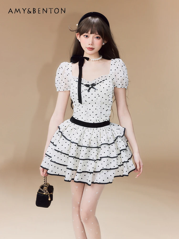 

Sweet Cute Girl Short Sleeve Slim Fit Cake Dresses Summer Dress High-Grade Polka Dot Print Hot Girl Mini Dress Sexy White Dress