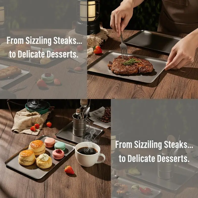 Stainless Steel Vintage Square Snack Plate Food Serving Tray Restaurant Style Elegant Platter for Home Decor