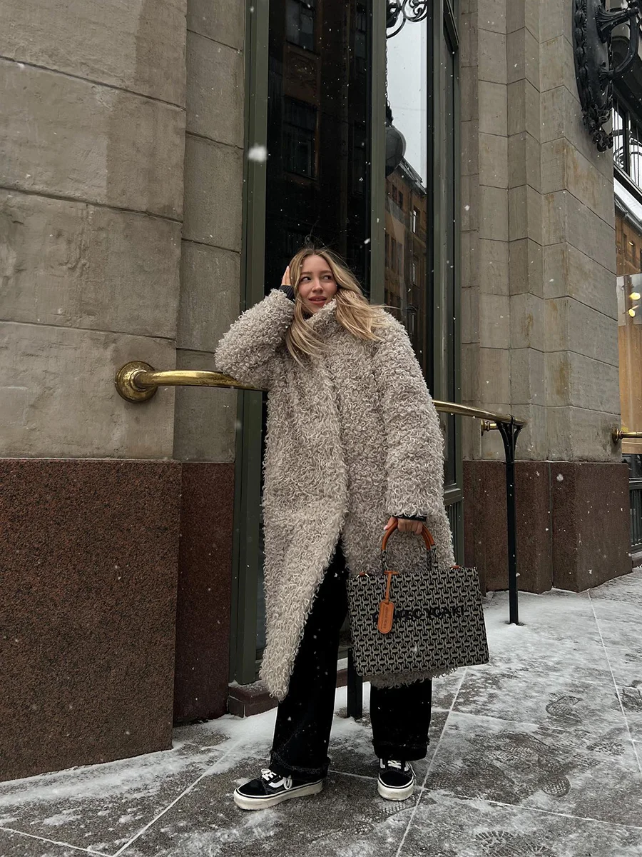 Gray Wool Faux Fur Shearling Long Coat for Women Winter 2025 Winter Fashion Trendy Teddy Maxi Coat Monki Curly Clean Fit Outwear