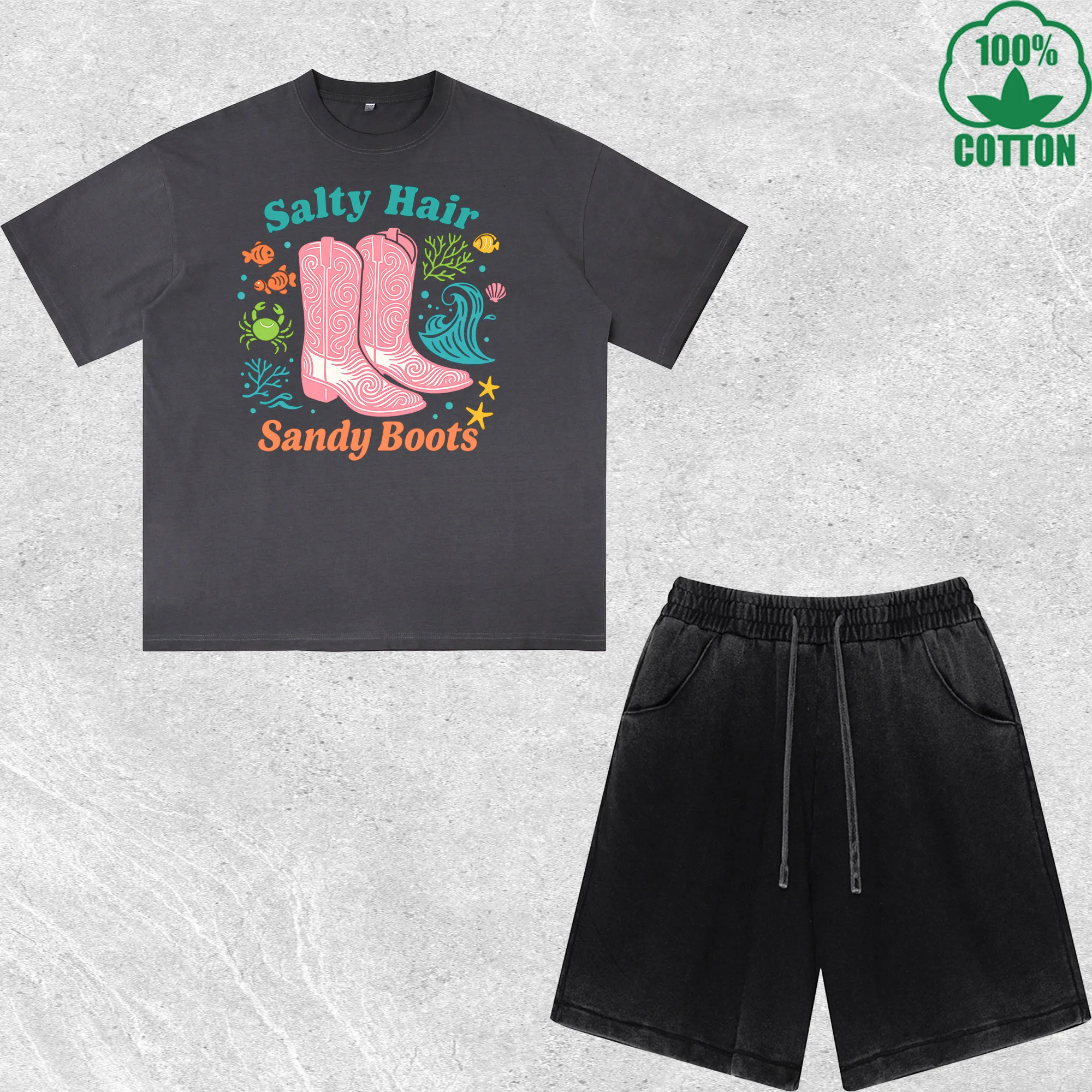 

Summer Cowgirl Salty Printed Dirty Wash T-Shirt Shorts Set Multicolor Combo Loose Trendy Fashionable 100%Cotton