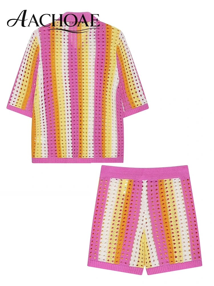 AACHOAE Women Crochet Knit 2 Piece Shorts Set Striped Hollow Out Shirt Shorts Matching Set Summer Beach Vacation Outfit