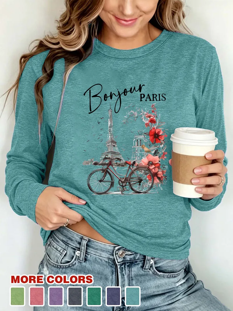 Vintage Women Long Sleeve T Shirt Bonjour Paris Eiffel Tower Bicycle Floral Print Top Comfort Crew Neck Casual Ladies Autumn Tee