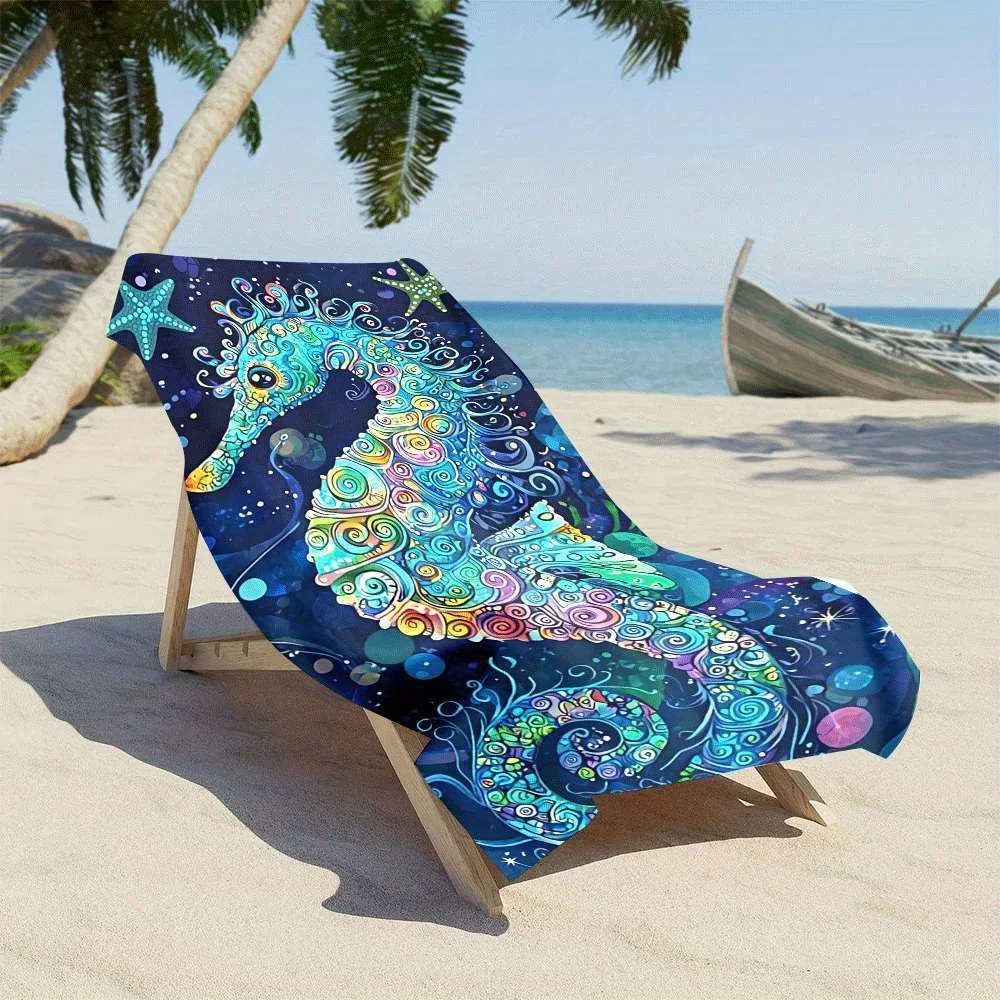 1PC Spiral Seahorse Polyester Quick-Dry Beach Towel, 2D Printed, All-Season, Lightweight Soft, Unisex for Swimming/Surfing/Campi