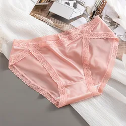 Satin Luxury Style Sexy Lace Ice Silk Soft Women's Underwear Breathable Mesh Thin Solid Seamless Panties Simple Elegant Breifs