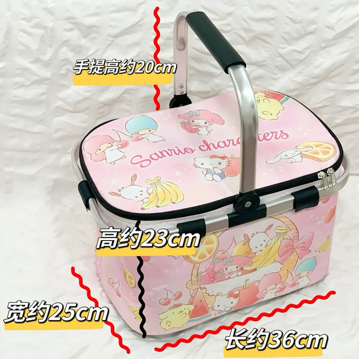 Kawaii Kuromi My Melody Hello Kitty Foldable Insulated Storage Basket Anime Sanrio Girly Heart Cute Camping Picnic Basket