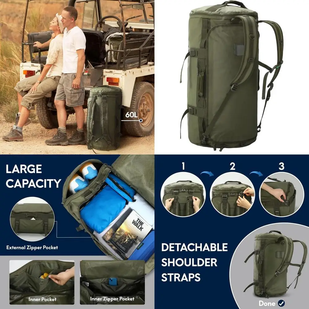 

60L Convertible Travel Backpack for Men & Women, with Shoe Compartment, Carry-On, Water-Resistant, Ideal for Gym, Hiking, Campin