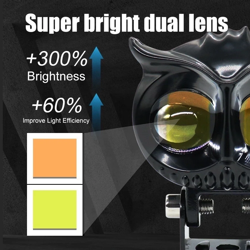 1Pcs Owl Shape Motorcycle LED Headlight 2 Modes White Yellow Auxiliary Spotlight for Motorbike Scooter ATV Offroad