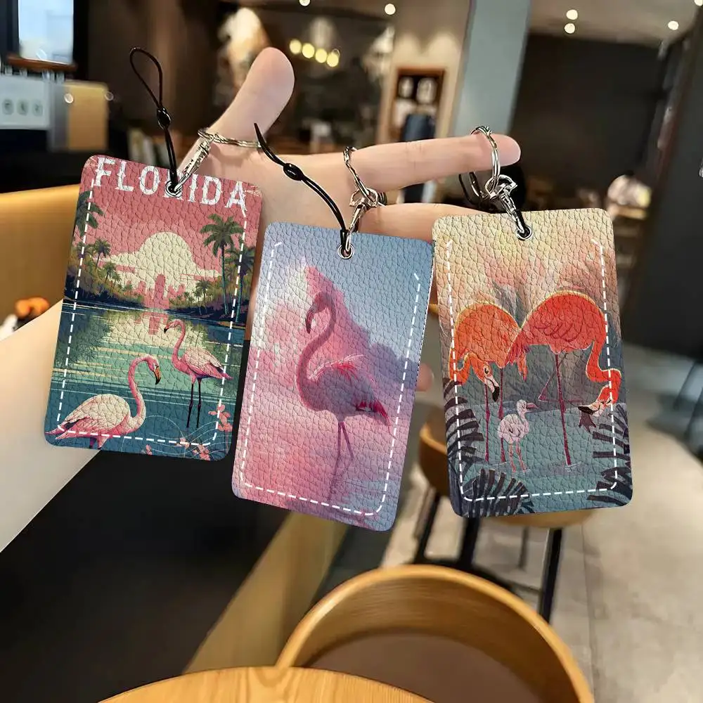 Cartoon Flamingo Card Wallet With Keychain Fashion Print Bank Card Protective Holder
