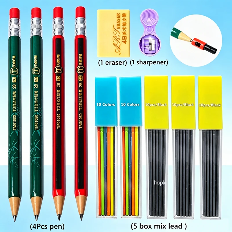 Drawing Pencil Mechanical Pencils Set 2.0mm Automatic Pencils with Sharpener Color Pencil Leads School Pens Cute Stationery