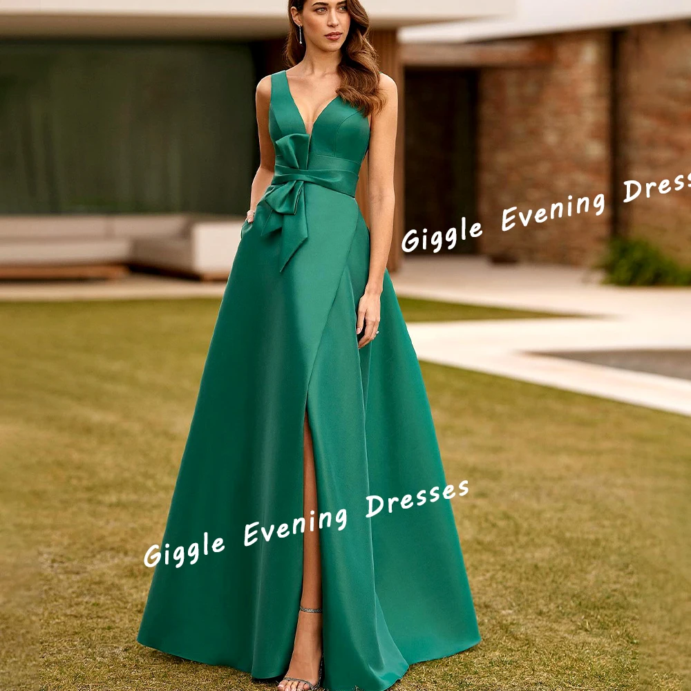 

Giggle Satin Spaghetti Strap Bow Elegance Prom Gown Saudi Arab Slit Simple Floor-Length Evening Party Dresses for Women 2024