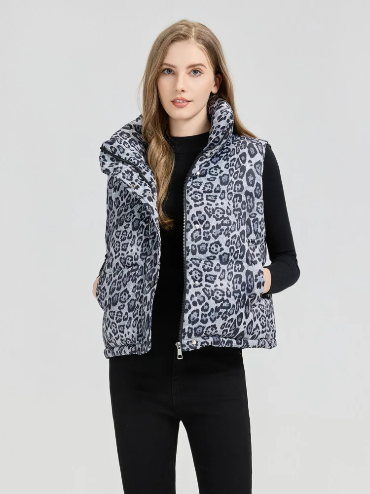가을 겨울 신상 여성용 슬림핏 면 조끼 스탠드 칼라 다운 코튼 베스트 레오파드 프린트 지퍼 클로저 베스트