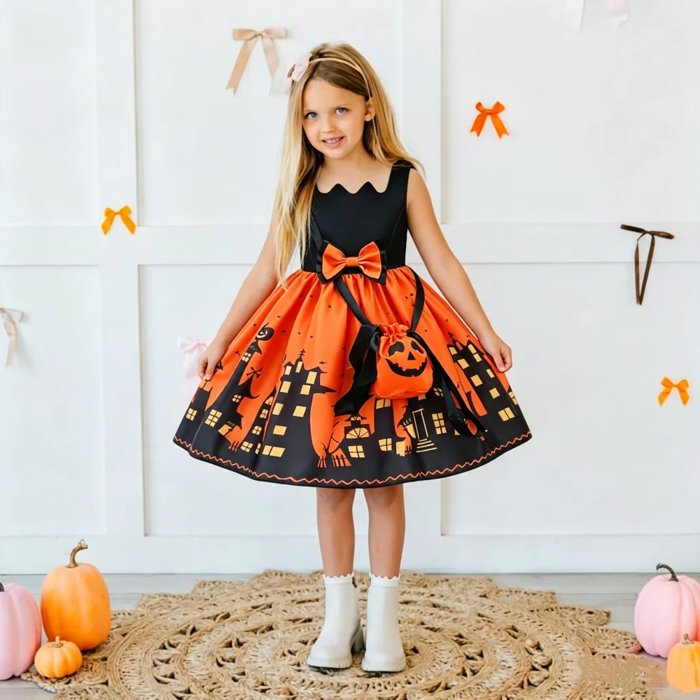 (Dress Only) Kids' Bow Embellished Sleeveless Moon Castle Print Dress Ghost Halloween Costume, Wedding Party Cosplay Outfit