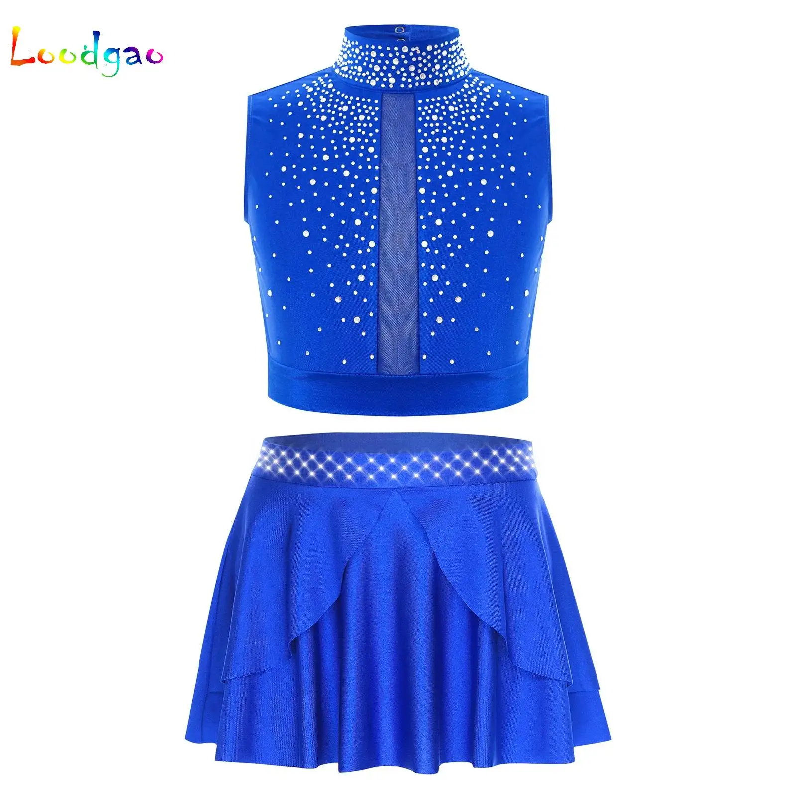 

Girls Lyrical Contemporary Dance Costume Rhinestones Crop Top+Leotard Skirt Set Gymnastics Skating Ballet Performance Costume