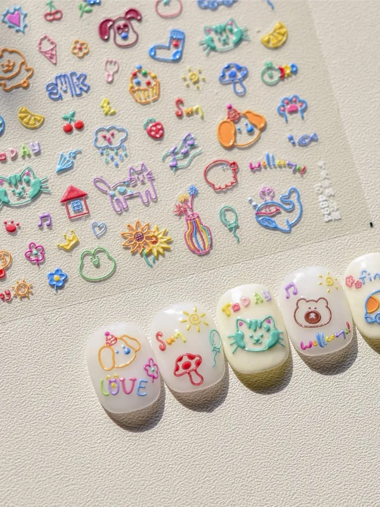 1pc 5D Relief Graffiti Nail Art autocollants lapin chien ours arc ongles décalcomanies dessin animé thème auto-adhésif autocollants pour bricolage manucure *