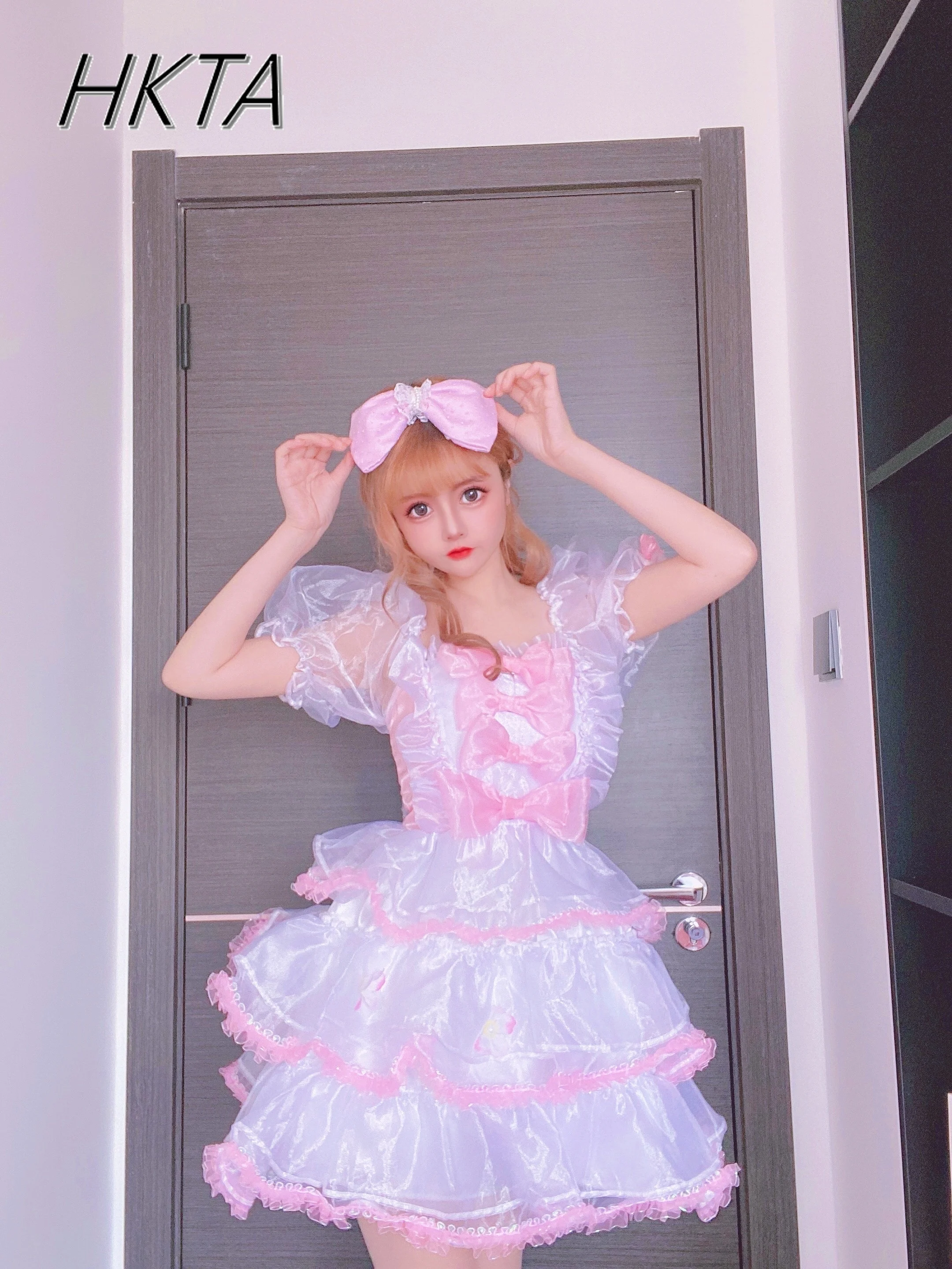 

Japanese Sweet Sparkling Princess Dress Women Kawaii Aesthetic Sweet Pink Lace Edge Bow Fairy Short Sleeve Dress Summer Dresses