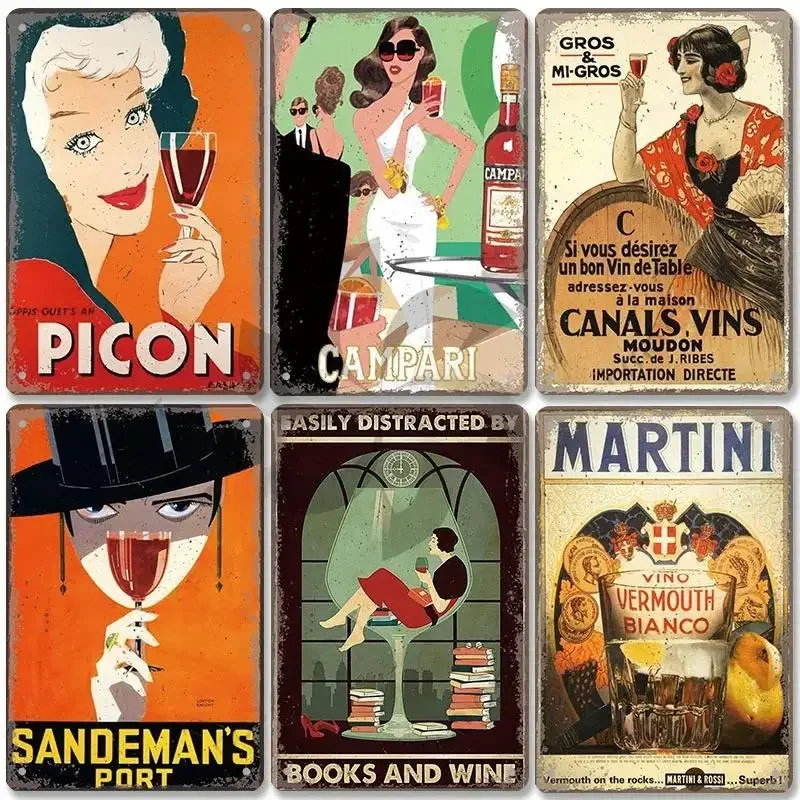 Vintage Metal Tin Signs Red Wine Posters Decor Plate Vintage Women Martini Vino Metal Signs Wall Decor for Bar Club