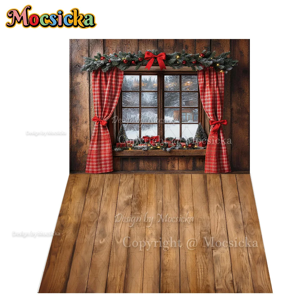 Mocsicka Rustic Christmas Kitchen Backdrop Photography Wood Cabinet Red Plaid Wreath Window Background Family Xmas Party Photo