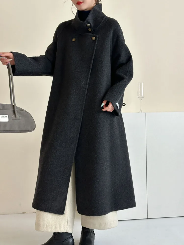 ZMEENNA femmes col montant laine mélange Maxi manteau simple boutonnage à manches longues chaud vêtements de sortie d'hiver coupe ample élégant ZM3355