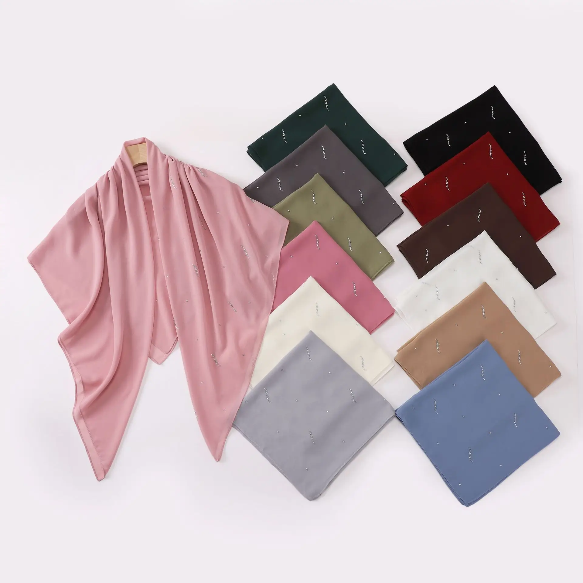 Soft Chiffon Bubble Pearl Square Scarf 110*110cm Muslim Hijab Rhinestone Detail Ladies Shawl Turban Headscarf Headband Accessory