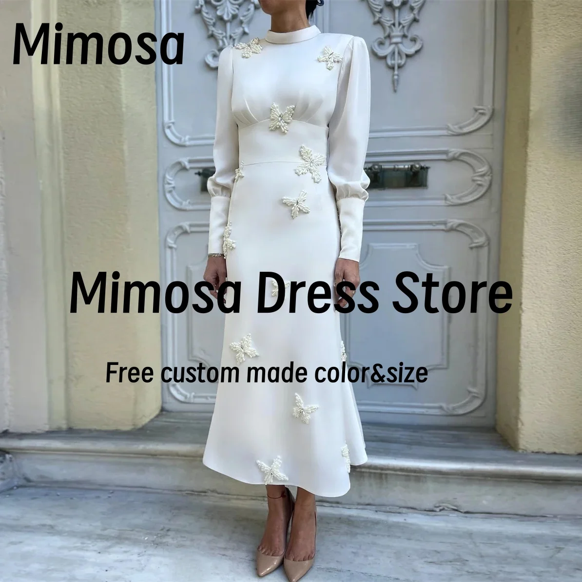 

Mimosa High Collar Prom Dresses Long Sleeves Beading Butterfly Women's Evening Party Cocktail Dress Customized