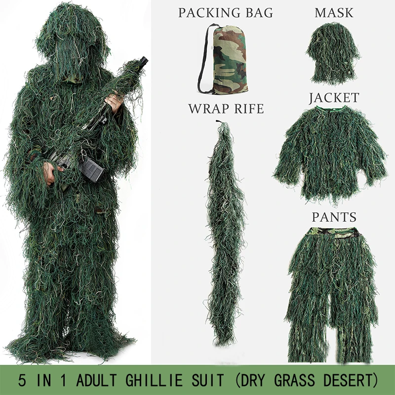 5pcs/set Camouflage Ghillie Suit Kids Adult Universal Sniper Military Tactical Army Clothing Hunting Birding Invisible Clothes