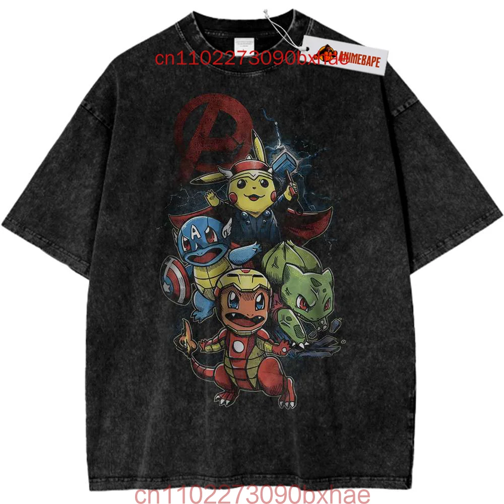 

Gglypuff Pokemon винтажные футболки с кислотной стиркой, футболки с принтом мультфильмов, хлопковые футболки с круглым вырезом, модная одежда большого размера с короткими рукавами