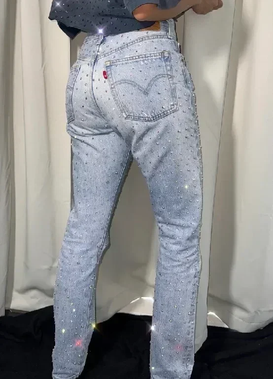 Pantalones vaqueros holgados para mujer, pantalones Y2K ajustados de cintura alta, pantalones vaqueros góticos con bolsillo y lentejuelas y