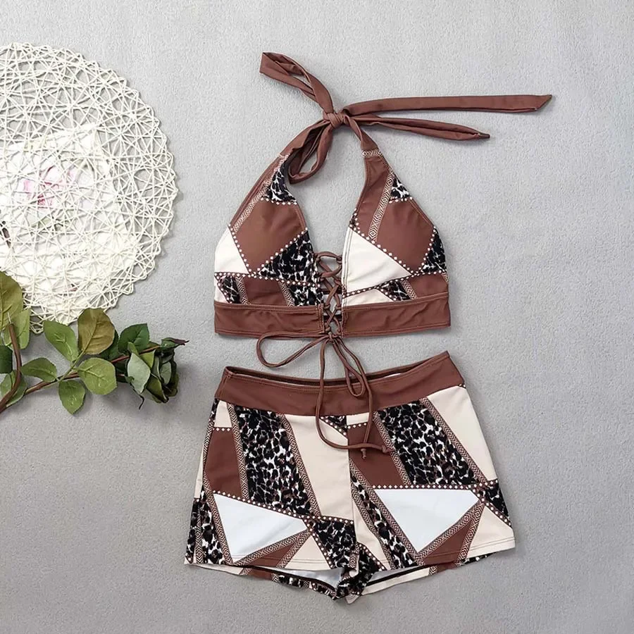 sexy bruine luipaardprint bikini's shorts sets twee stukken bandage halter badpakken beachwear badpak badmode biquini tankini