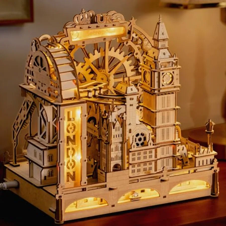 

London-themed 3D wooden marble run puzzle for adults: 431-piece mechanical model kit in natural wood color, eco-friendly materi