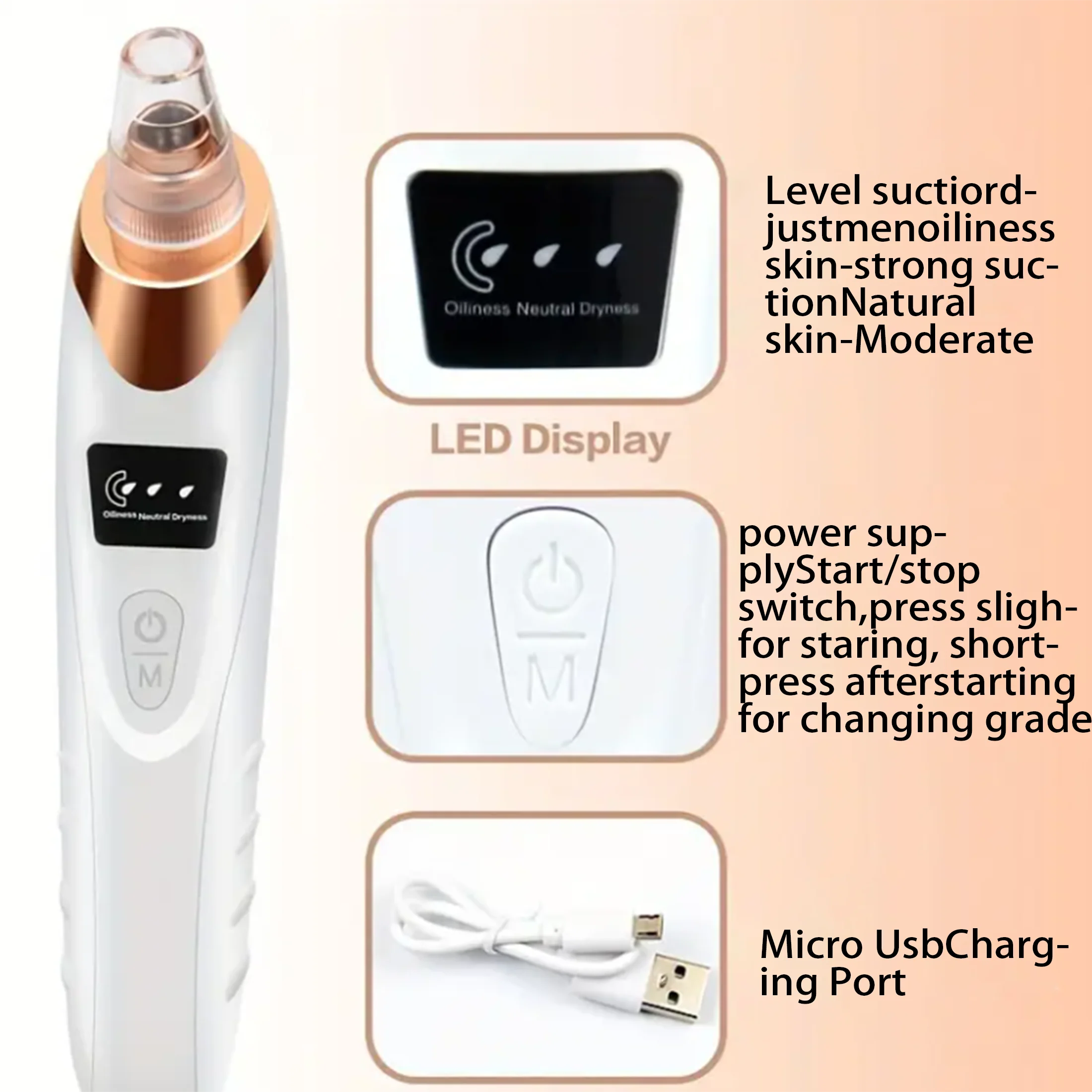 Aspirador de pó elétrico de poros, removedor de cravo recarregável USB, tratamento de acne com circulação de água, ferramenta de extração de cravo.