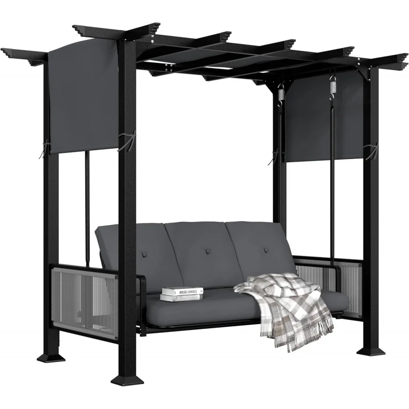 

2026 New：3-Porch Swing, Outdoor Metal Pergola Swing Bed Hanging Cloud Swing Chair with Adjustable Curtains, Patio