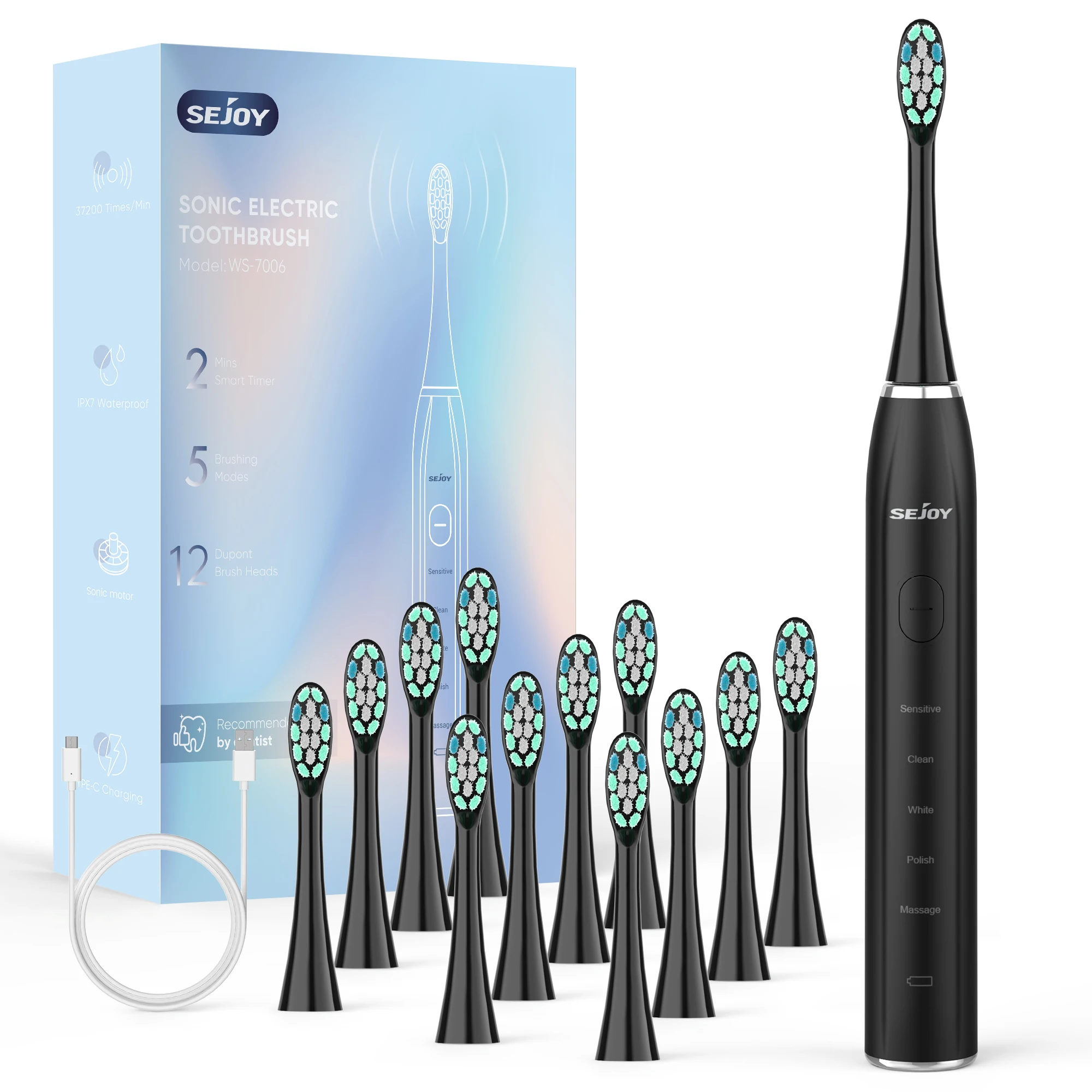 Sejoy Electric Toothbrush rechargeable With 12pcs Replacement Head Tooth Brush 5 Modes Clean Whitening Sonic Timer Toothbrush